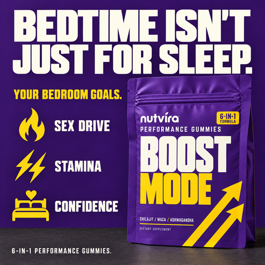 Nutvira Boost Mode pouch with bold flame, lightning and bed icons. Bedroom goals: sex drive, stamina and confidence.