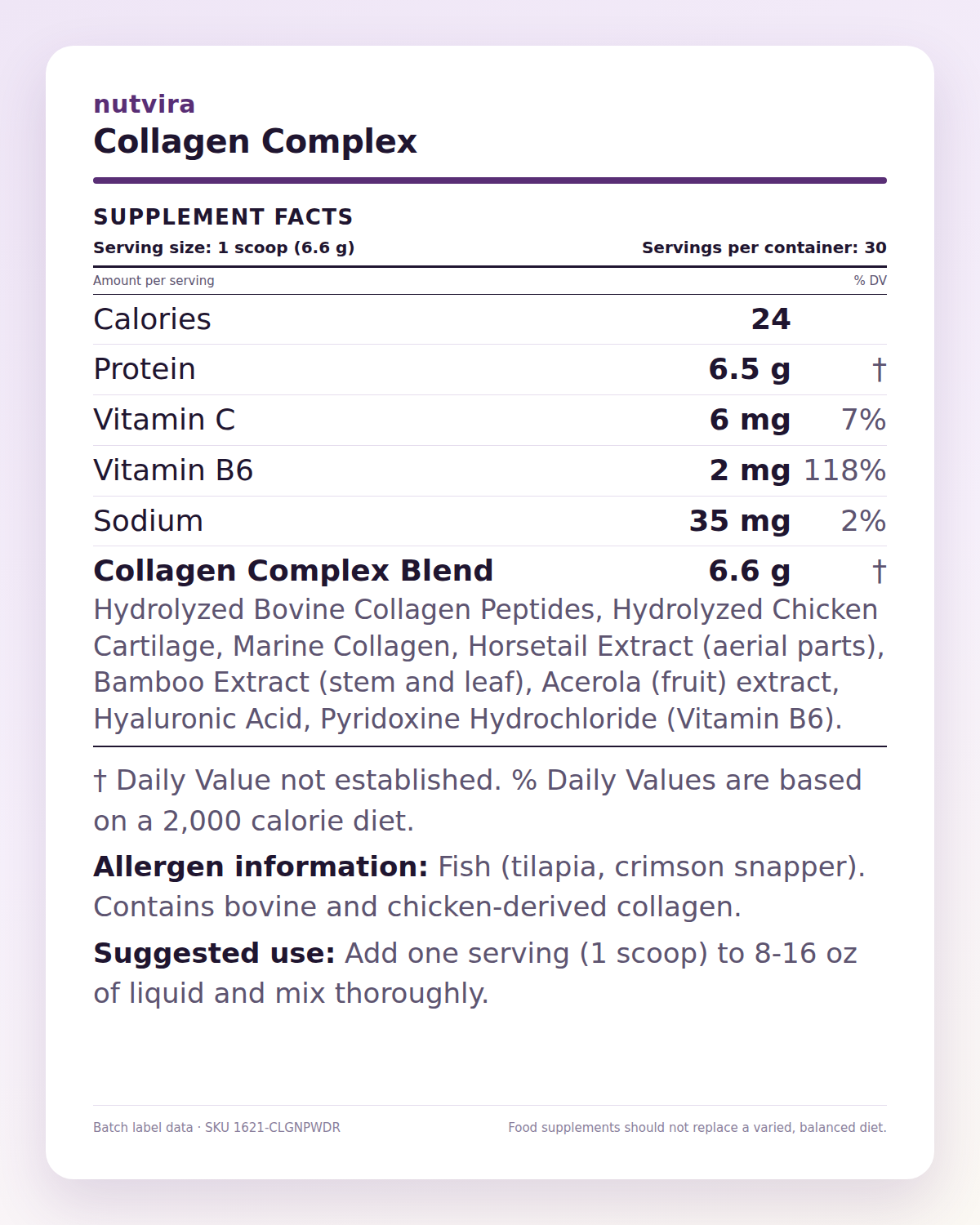 Nutvira Collagen Complex supplement facts panel