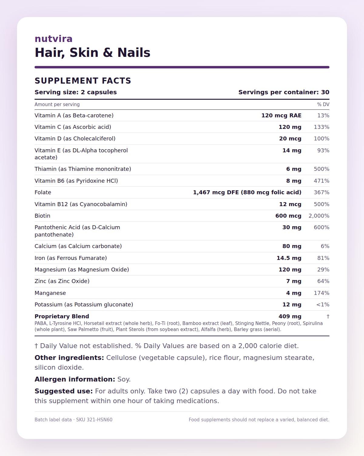 Nutvira Hair, Skin & Nails supplement facts panel