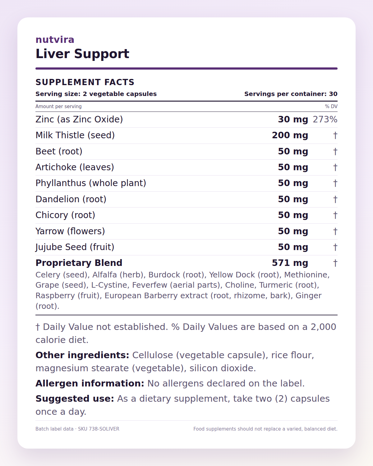 Nutvira Liver Support supplement facts panel