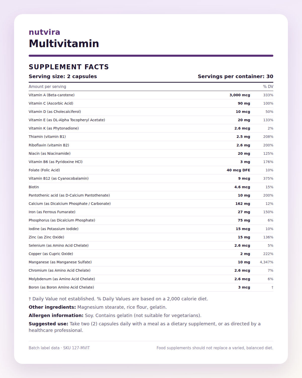 Nutvira Multivitamin supplement facts panel