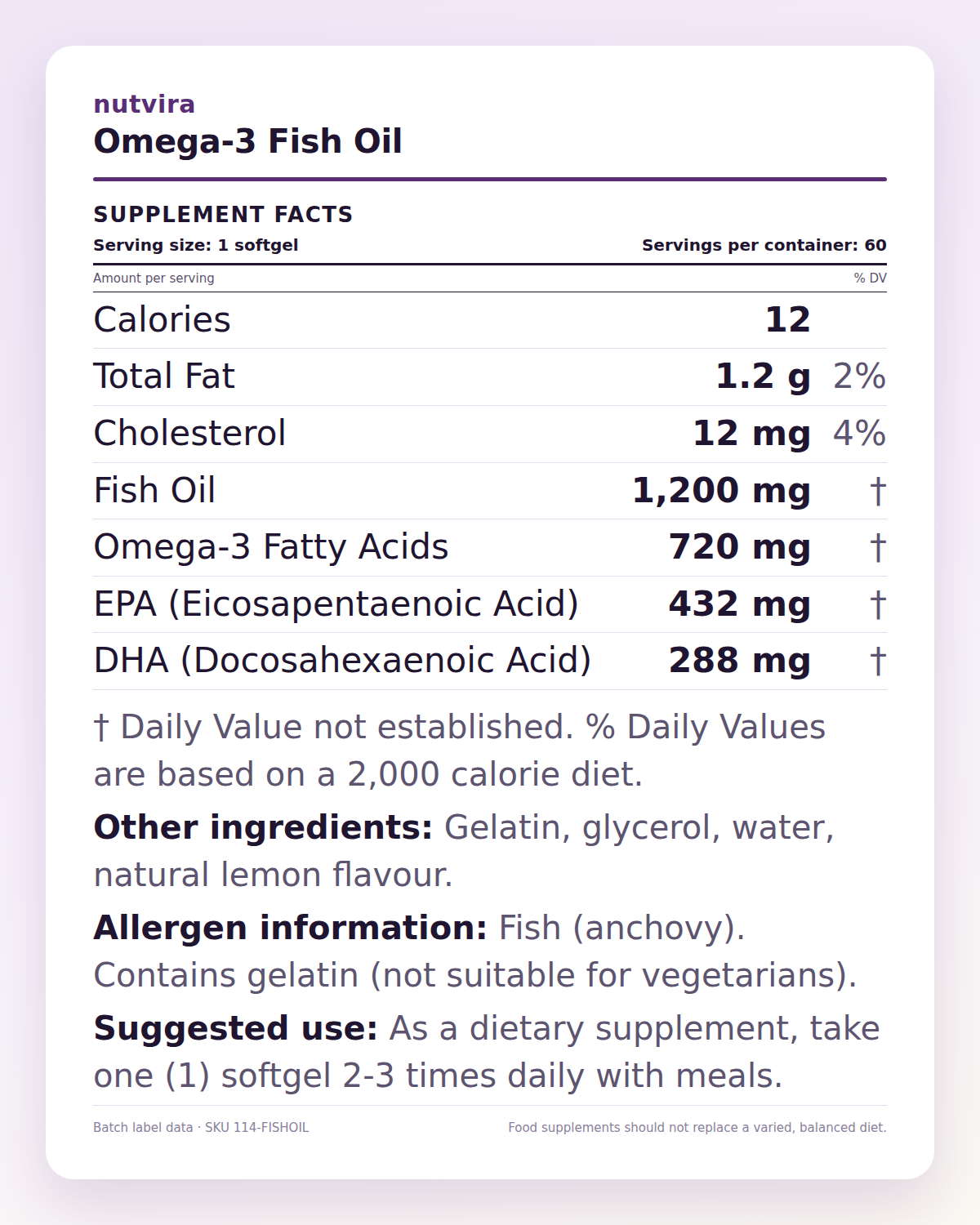 Nutvira Omega-3 Fish Oil supplement facts panel