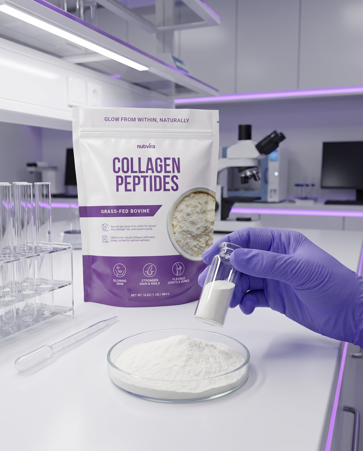 Collagen powder being checked in a quality lab