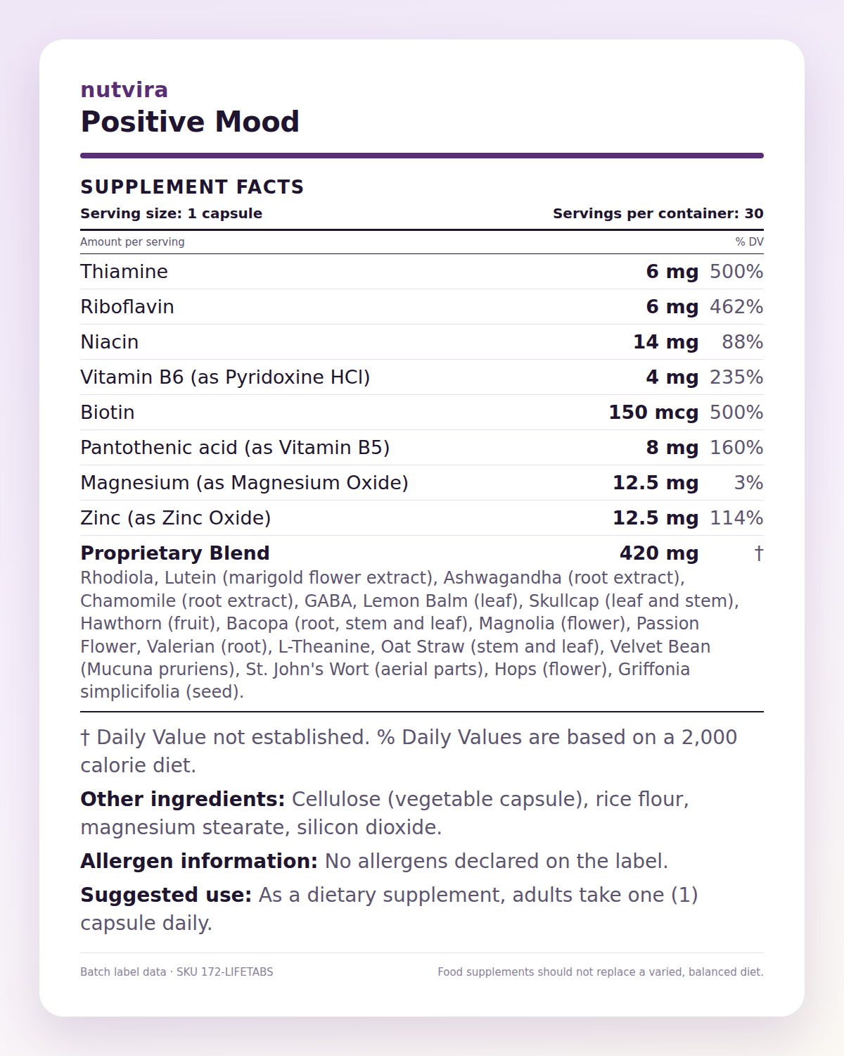 Nutvira Positive Mood supplement facts panel