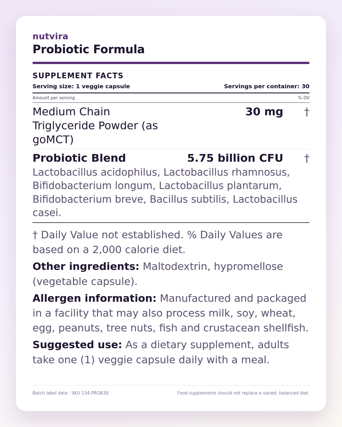Nutvira Probiotic Formula supplement facts panel