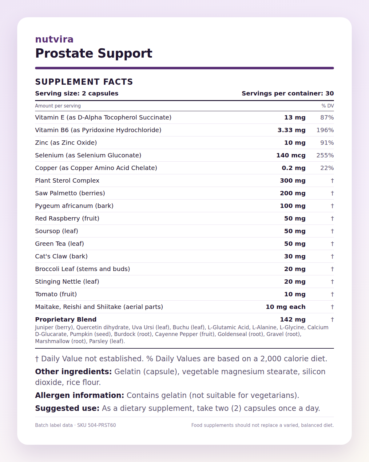 Nutvira Prostate Support supplement facts panel