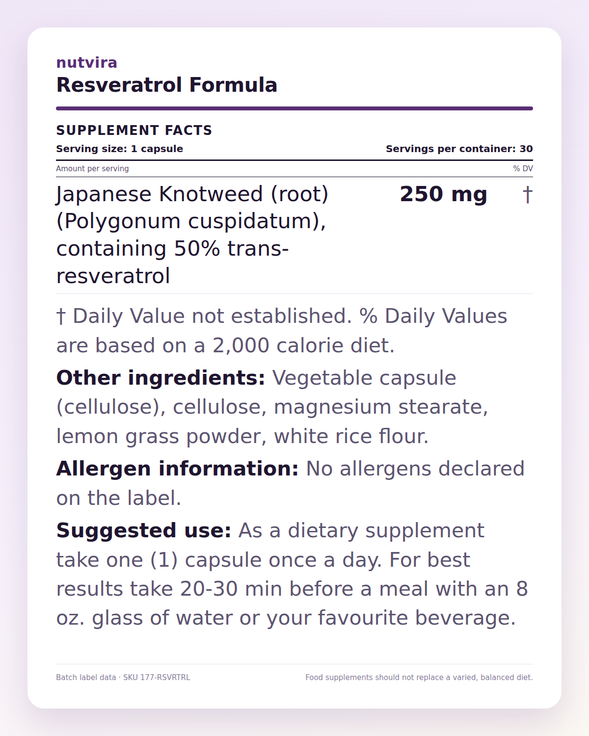 Nutvira Resveratrol Formula supplement facts panel